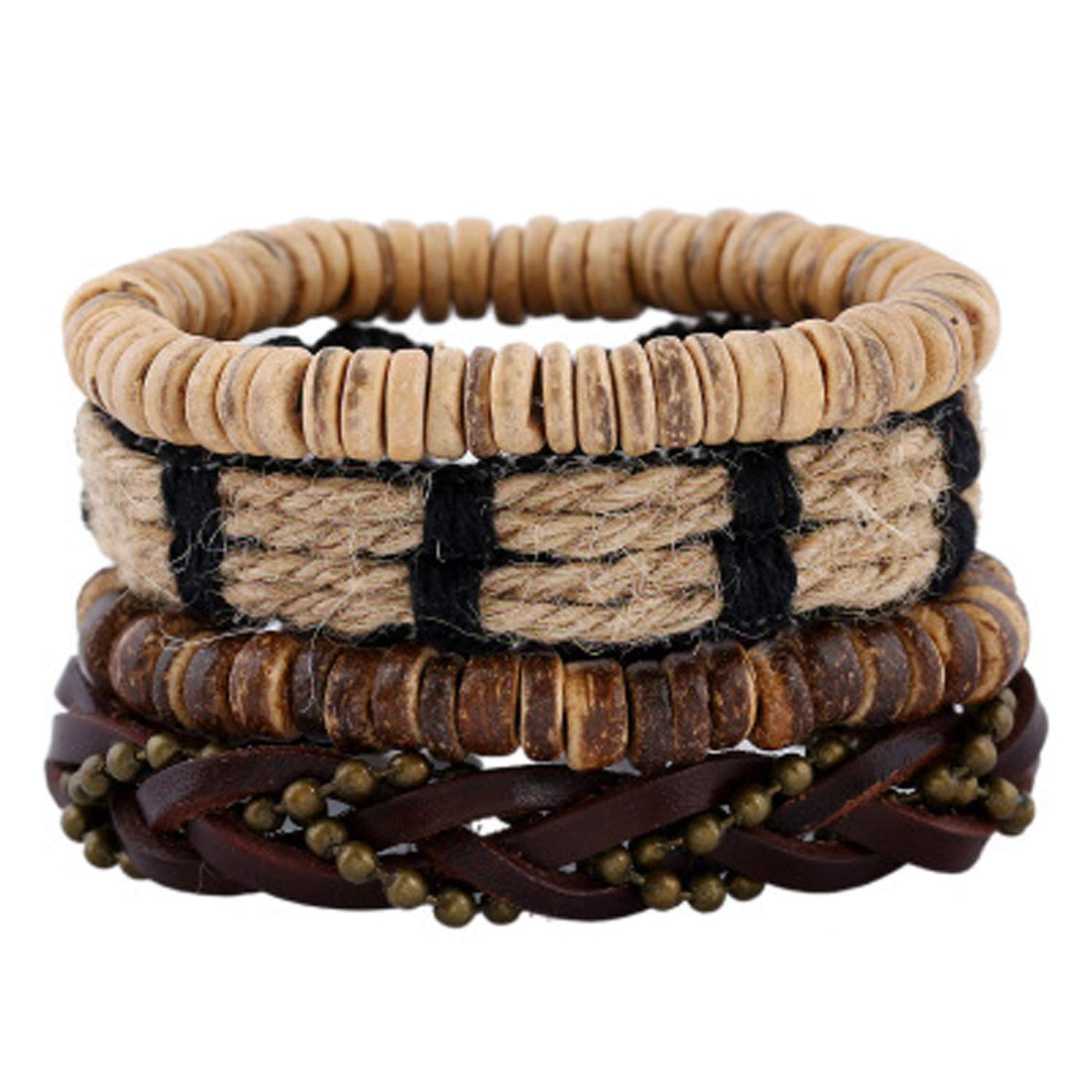 4-teiliges Holz-Lederperlenarmband