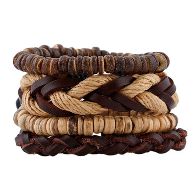 4-teiliges Holz-Lederperlenarmband